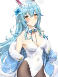  1girl :o animal_ears athenawyrm bangs bare_shoulders black_legwear blue_flower blue_hair blue_jacket blue_neckwear blush bow bowtie braid breasts bunny_ears bunny_girl cleavage collar collarbone covered_navel detached_collar eyebrows_visible_through_hair fake_animal_ears flower fur_trim hair_between_eyes hair_flower hair_ornament hairband highlights highres hololive jacket leotard light_blue_hair long_hair medium_breasts multicolored_hair open_clothes open_jacket open_mouth pantyhose playboy_bunny pointy_ears sidelocks simple_background sleeveless snowflake_print solo virtual_youtuber white_background white_collar white_leotard yellow_eyes yukihana_lamy 