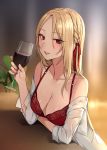  1girl alcohol arm_under_breasts bangs bare_shoulders blonde_hair blurry blush bra braid breasts canape_(canape0130) collarbone cup depth_of_field dress_shirt drinking_glass elbow_rest elbows_on_table eyebrows_visible_through_hair fingernails hair_ribbon hair_strand hand_up highres holding holding_cup indoors light_smile lingerie lipgloss lips long_hair looking_at_viewer medium_breasts mole mole_under_eye off_shoulder open_clothes open_shirt original parted_bangs parted_lips plant red_bra red_eyes red_nails ribbon shirt sleeves_folded_up solo table underwear wine wine_glass 
