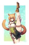  1girl animal_ears cat_ears cat_tail closed_mouth crescentia facial_mark fire_emblem fire_emblem:_path_of_radiance flexible highres leg_lift lethe_(fire_emblem) orange_hair purple_eyes short_hair solo split standing standing_on_one_leg standing_split tail thigh_strap 