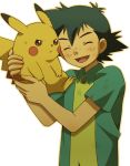  1boy anger_vein ash_ketchum bangs closed_eyes collared_shirt commentary_request cyaneko gen_1_pokemon green_hair green_shirt holding holding_pokemon male_focus open_mouth outline pikachu pokemon pokemon_(anime) pokemon_(classic_anime) pokemon_(creature) shirt smile tongue upper_body white_background 