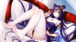  bed blush cat_smile dress genshin_impact keqing_(genshin_impact) long_hair panties pantyhose purple_eyes purple_hair red_and_white underwear 