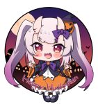  1girl :d blush bow bowtie chibi claw_pose commentary_request fang food_themed_hair_ornament full_body hair_ornament halloween_costume happy_halloween hololive horn_bow horns long_hair long_sleeves looking_at_viewer nakiri_ayame namaonpa open_mouth pumpkin_hair_ornament red_eyes skin_fang smile solo standing twintails white_background 