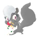  1:1 2013 eating eggpunk-blog eyebrows eyelashes female flower fluffy fluffy_tail fur grey_body grey_fur hair hasbro inner_ear_fluff leaf littlest_pet_shop looking_back mammal mephitid pepper_clark plant semi-anthro simple_background skunk standing tuft white_background white_hair 