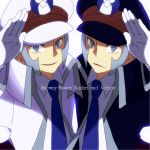  2boys blue_neckwear brothers coat commentary_request emmet_(pokemon) gloves grey_eyes grey_hair hand_up hat ingo_(pokemon) looking_at_viewer male_focus multiple_boys nanananona necktie open_clothes open_coat pokemon pokemon_(game) pokemon_bw shirt siblings sideburns white_gloves white_shirt 