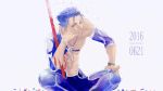  1boy abs aohiro blue_hair bodypaint bracelet confetti crescent_necklace crossed_legs cu_chulainn_(fate)_(all) dated detached_sleeves fate/grand_order fate/stay_night fate_(series) gae_bolg grin happy_birthday highres jewelry lancer looking_to_the_side male_focus necklace pants red_eyes shirtless short_hair simple_background sitting skin_tight smile solo spiked_hair strap type-moon white_background 