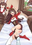  1girl absurdres amber_(genshin_impact) baron_bunny bed bed_sheet bedroom breasts brown_hair cleavage cropped_jacket feet foot_focus genshin_impact highres laughing lying open_mouth pillo pov short_shorts shorts soles tickling yellow_eyes 