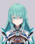  alternate_hairstyle bangs chest_jewel earrings gloves green_eyes green_hair grey_background highres jewelry long_hair pneuma_(xenoblade) sarasadou_dan simple_background small_hands swept_bangs upper_body very_long_hair xenoblade_chronicles_(series) xenoblade_chronicles_2 