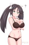  1girl ? black_bra black_hair black_panties bra breasts cleavage commentary_request cowboy_shot dated green_eyes isuzu_(kantai_collection) kantai_collection large_breasts long_hair looking_at_viewer masara_(chuujou) navel panties simple_background solo standing twintails twitter_username underwear white_background 