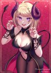  1girl absurdres ahoge akamatsu_kaede alternate_costume artist_name bangs banned_artist bare_shoulders black_jacket black_legwear blonde_hair breasts claw_pose cleavage collarbone commentary cowboy_shot danganronpa demon_girl demon_horns demon_tail eyebrows_visible_through_hair facial_mark fang hair_ornament halloween heart heart_tattoo highres horns jacket large_breasts long_hair looking_at_viewer musical_note musical_note_hair_ornament nabekokoa nail_polish navel new_danganronpa_v3 open_mouth pantyhose pink_jacket purple_eyes purple_horns red_nails repost_notice sleeveless sleeveless_jacket smile solo sparkle tail tattoo 