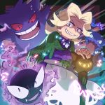  1girl agatha_(pokemon) apron blonde_hair cane commentary_request elite_four fingernails gastly gen_1_pokemon gengar grey_eyes hands_together haunter highres long_sleeves looking_at_viewer medium_hair pokemon pokemon_(creature) pokemon_(game) pokemon_lgpe smile teeth tom_(pixiv10026189) waist_apron white_apron 