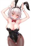  1girl ahoge animal_ears armpits arms_up bangs black_leotard blush breasts bunny_ears cleavage covered_navel detached_collar fake_animal_ears fate/grand_order fate_(series) fishnet_legwear fishnets jeanne_d&#039;arc_(alter)_(fate) jeanne_d&#039;arc_(fate)_(all) large_breasts leotard looking_at_viewer marisasu_(marisa0904) pantyhose playboy_bunny revision short_hair silver_hair simple_background strapless strapless_leotard thighs white_background wrist_cuffs yellow_eyes 