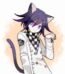  1202_koge 1boy animal_ears cat_boy cat_ears cat_tail checkered checkered_scarf colored_tips commentary danganronpa eyebrows_visible_through_hair hair_between_eyes long_sleeves looking_at_viewer male_focus new_danganronpa_v3 ouma_kokichi purple_eyes purple_hair scarf smile solo straitjacket symbol_commentary tail 