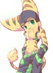 anthro big_ears brown_body brown_fur clothed clothing fur green_eyes hi_res kemono lombax male mammal positive_wishes_(artist) ratchet ratchet_and_clank smile smiling_at_viewer solo sony_corporation sony_interactive_entertainment stripes topless video_games 
