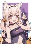  1girl absurdres animal_ears breasts cat_ears cat_tail character_request cleavage commentary_request copyright_request fang hair_between_eyes halloween highres jack-o&#039;-lantern looking_at_viewer medium_hair navel open_mouth platinum_blonde_hair simple_background small_breasts solo syhan tail 