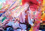  1girl cherry_blossoms colorful fuzichoco holding japanese_clothes kimono lantern long_hair long_sleeves looking_at_viewer oriental_umbrella original paper_lantern red_eyes see-through silver_hair sitting solo tree_branch two_side_up umbrella veil white_kimono wide_sleeves yukata 