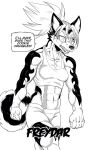  3:5 abs anthro breasts canid canine canis clothing daigaijin dialogue domestic_dog english_text female freydar_(furryfight_chronicles) fur furryfight_chronicles hair hi_res mammal midriff navel shirt solo tank_top text topwear 