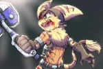  angry anthro blood blood_on_clothing blood_on_face bodily_fluids brown_body brown_fur clothing duo fangs felid feline fight fighting_pose fur gloves green_eyes handwear kemono lombax male mammal pose positive_wishes_(artist) ratchet ratchet_and_clank sony_corporation sony_interactive_entertainment stripes tools video_games wrench 