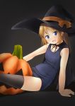  1girl :d bangs bare_arms bare_shoulders black_cape black_headwear black_legwear blonde_hair blue_eyes blue_swimsuit bow cape commentary_request eyebrows_visible_through_hair halloween hat hat_bow highres jack-o&#039;-lantern long_hair looking_at_viewer old_school_swimsuit one-piece_swimsuit open_mouth orange_bow original school_swimsuit shibacha smile solo swimsuit thighhighs thighs witch_hat 