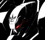  black_selena close-up glowing glowing_eye hanehitsuji_(hitsuzibane) kidou_senkan_nadesico kidou_senkan_nadesico_-_prince_of_darkness looking_down mecha monochrome no_humans red_eyes science_fiction solo spot_color 