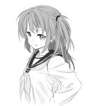  1girl bangs copyright_request eyebrows_visible_through_hair greyscale highres long_hair long_sleeves looking_at_viewer monochrome neckerchief onsoku_inu sailor_collar school_uniform serafuku shirt simple_background smile solo twintails upper_body white_background 