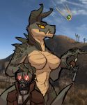  among_us anthro bethesda_softworks breasts clothing coat crewmate_(among_us) deathclaw doughtea fallout female gas_mask gun horn human innersloth mammal mask ranged_weapon reentry reptile scales scalie spines topwear trenchcoat video_games weapon yellow_eyes 
