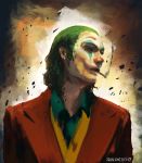  1boy arthur_fleck artist_name babyj0 batman_(series) cigarette clown formal green_hair joker_(2019) looking_to_the_side open_mouth smoking solo suit the_joker 