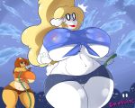  5:4 anthro big_breasts bottomwear breasts canid canine canis clothing domestic_cat domestic_dog duo felid feline felis gin-blade hi_res hose huge_breasts hyper hyper_breasts mammal poodle shorts surprise thick_thighs water 