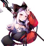  1girl animal_ears arknights arm_up bag bangs bare_shoulders black_headwear blunt_bangs blush commentary cropped_torso ears_through_headwear eyebrows_visible_through_hair fox_ears frostleaf_(arknights) grey_shirt headphones jacket long_hair long_sleeves looking_at_viewer nail_polish nitchi off_shoulder oripathy_lesion_(arknights) parted_lips red_eyes red_jacket red_nails shirt silver_hair simple_background solo upper_body white_background 