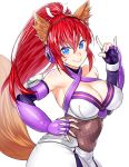  1girl animal_ear_fluff animal_ears blue_eyes breasts cleavage closed_mouth cowboy_shot fingerless_gloves fishnets fox_ears fox_shadow_puppet fox_tail gloves hair_between_eyes hand_on_hip hand_up headphones large_breasts looking_at_viewer navel onsoku_inu ponytail purple_gloves red_hair rin_(show_by_rock!!) show_by_rock!! simple_background smile solo tail whisker_markings white_background 