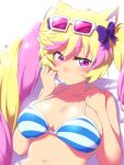  1girl animal_ear_fluff animal_ears bikini blonde_hair blue_bikini blush bow breasts cat_ears closed_mouth eyewear_on_head hair_bow halterneck hands_up highres large_breasts looking_at_viewer mashima_himeko_(show_by_rock!!) multicolored_hair navel onsoku_inu pink-tinted_eyewear pink_hair purple_bow purple_eyes show_by_rock!! solo striped striped_bikini sunglasses swimsuit twintails two-tone_hair upper_body 