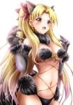  1girl animal_ears bangs blonde_hair blush breasts claw_pose cosplay dangerous_beast earrings elbow_gloves ereshkigal_(fate/grand_order) fate/grand_order fate_(series) fur-trimmed_gloves fur_collar fur_trim gloves gu-rahamu_omega_x halloween_costume highres jewelry long_hair looking_at_viewer mash_kyrielight mash_kyrielight_(cosplay) medium_breasts navel o-ring open_mouth orange_eyes parted_bangs revealing_clothes simple_background smile tail two_side_up white_background wolf_ears wolf_tail 