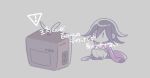  ! 1202_koge 1boy borrowed_garments chibi colored_tips commentary_request crossed_arms crt danganronpa flipped_hair grey_background jacket knees_up male_focus muted_color new_danganronpa_v3 off_shoulder open_clothes ouma_kokichi pants purple_eyes purple_jacket shiny shiny_hair shirt short_hair sign sitting solo television translation_request warning_sign watching_television white_pants white_shirt |_| 