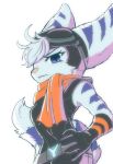  anthro blue_body blue_eyes blue_fur clothing eyewear felid feline female fur gloves goggles handwear hi_res kemono lombax looking_at_viewer mammal positive_wishes_(artist) ratchet_and_clank rift_apart_lombax scarf solo sony_corporation sony_interactive_entertainment stripes video_games 