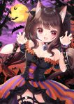  1girl :d animal animal_ear_fluff animal_ears bare_shoulders bat black_collar black_sleeves breasts brown_hair cat_ears cat_girl cat_tail chain claw_pose cleavage collar collarbone commentary_request detached_sleeves dress fang frilled_dress frilled_sleeves frills full_moon halloween hands_up heart_collar highres long_hair looking_at_viewer medium_breasts mirai_(happy-floral) moon night open_mouth original outdoors puffy_short_sleeves puffy_sleeves red_eyes short_sleeves smile solo striped tail tail_raised twintails vertical_stripes very_long_hair wrist_cuffs 