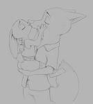  2020 anthro canid canine carrying clothed clothing disney duo ears_down eyes_closed female fox fully_clothed fur hi_res judy_hopps kissing lagomorph leporid male mammal monochrome nick_wilde pivoted_ears rabbit red_fox s1m standing zootopia 