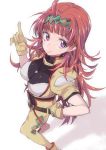  1girl breasts charlotte_hasting from_above highres large_breasts long_hair looking_back pilot_suit pointing pointing_up purple_eyes red_hair solo super_robot_wars super_robot_wars_v takemura_makoto_(hakushikei) yellow_eyes 