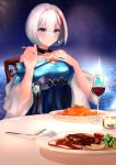  1girl admiral_graf_spee_(a_novel_anniversary)_(azur_lane) admiral_graf_spee_(azur_lane) azur_lane bare_shoulders blue_bow blue_dress blue_eyes bow breasts broccoli candle cherry_tomato closed_mouth collarbone commentary cup dress drinking_glass earrings eating english_commentary eyebrows_visible_through_hair eyelashes flower food fork hair_between_eyes hand_on_own_chest highres jewelry looking_at_viewer medium_breasts mior multicolored_hair night night_sky off-shoulder_dress off_shoulder pasta plate potato potato_wedges red_hair red_wine shawl short_hair silver_hair sky smile solo spaghetti star_(sky) starry_sky steak streaked_hair table tomato two-tone_hair wine_glass 