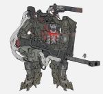  absurdres glowing grey_background gun highres holding holding_gun holding_weapon looking_ahead mecha no_humans obokhan open_mouth original shoulder_cannon skull solo standing weapon 