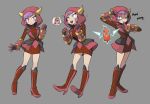  1girl breasts courtney_(pokemon) english_text gen_4_pokemon grey_background highres horned_hood multiple_views open_mouth pink_hair pokemon purple_eyes rotom rotom_phone runningpigeon73 short_hair small_breasts 