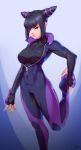  1girl black_hair breasts eyebrows_visible_through_hair gloves han_juri highres image_sample latex latex_bodysuit latex_gloves looking_at_viewer purple_eyes self_upload short_hair simple_background smile solo street_fighter street_fighter_v stretch tagme twitter_sample upsilon&#039; 