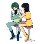  1boy 1girl :t bandage_on_face bandages black_hair blue_eyes blue_hair boots dress fa_yuiry gundam haro highres inasaba jumpsuit kamille_bidan pout short_hair sitting sweater turtleneck turtleneck_sweater yellow_dress zeta_gundam 