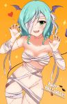  1girl :d bandages bang_dream! bat_wings black_nails braid breasts brown_background claw_pose collarbone commentary_request fangs green_eyes green_hair groin hands_up head_wings heart hikawa_hina long_hair looking_at_viewer medium_breasts nail_polish naked_bandage navel open_mouth purple_wings smile solo sonosakiburi sparkle standing stitches thigh_gap twin_braids upper_teeth wings 