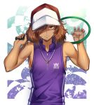  1boy bangs bare_arms bare_shoulders baseball_cap brown_eyes brown_hair closed_mouth commentary_request dark_skin dark_skinned_male hair_over_one_eye hands_up hat holding jewelry kai_yuujirou koyoka looking_at_viewer male_focus medium_hair necklace purple_shirt racket red_headwear ring ring_necklace shirt sleeveless sleeveless_shirt smile solo tennis_no_ouji-sama tennis_racket upper_body white_headwear 
