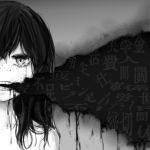  1girl avogado6 crying crying_with_eyes_open freckles greyscale long_hair monochrome open_mouth original simple_background solo tears teeth translated 