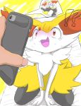  2020 ?! ambiguous_gender arms_above_head bed bed_sheet bedding big_ears blush bodily_fluids braixen camera chest_tuft cute_expression digital_drawing_(artwork) digital_media_(artwork) eiroru fluffy fluffy_tail front_view fur furniture hi_res hip_tuft inner_ear_fluff kneeling long_tail lying multicolored_body multicolored_fur multicolored_tail nintendo on_back on_bed open_mouth open_smile phone pok&eacute;mon pok&eacute;mon_(species) portrait semi-anthro shoulder_tuft simple_background sleeping smile solo sound_effects spread_legs spreading suprised_look tears traditional_media_(artwork) tuft video_games white_body white_fur wide_eyed 