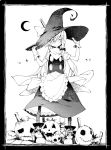  1girl aki_maki_yuu apron black_headwear black_legwear black_skirt black_vest boots bow braid commentary_request crescent_moon full_body gloves greyscale hair_bow hair_ornament hairclip hands_on_headwear hat highres jack-o&#039;-lantern kirisame_marisa lantern long_hair looking_at_viewer monochrome moon pantyhose safety_pin shirt short_sleeves single_braid skirt solo sparkle standing star_(symbol) star_hair_ornament touhou vest waist_apron white_shirt witch_hat 