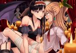  2girls absurdres aihara_mei aihara_yuzu bandages bangs bare_shoulders black_legwear blonde_hair breasts candle candle_wax candlelight citrus_(saburouta) cleavage collarbone commentary demon_wings earrings english_commentary fire frilled_hairband frills from_side garter_straps green_ribbon hair_ornament hair_ribbon hairband halloween halloween_costume high_collar highres jewelry knees_up medium_breasts multiple_girls navel no_bra open_mouth purple_eyes red_hairband ribbon shirt sitting sleeveless small_breasts step-siblings sweatdrop sweet_reverie thighhighs white_legwear white_shirt wife_and_wife wings yuri 