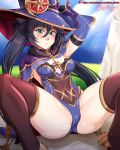  1girl arm_support artist_name ass black_hair breasts choker covered_navel detached_sleeves genshin_impact hair_between_eyes hat highres leotard long_hair looking_at_viewer mona_(genshin_impact) outdoors patreon_username small_breasts solo thighhighs twintails vilde_loh_hocen watermark witch_hat 