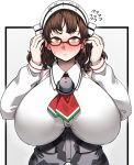  1girl alternate_eyewear bangs blunt_bangs blush breasts brown_hair detached_sleeves glasses headdress highres huge_breasts kantai_collection long_sleeves medium_hair nose_blush red-framed_eyewear roma_(kantai_collection) ryuun_(stiil) shirt solo upper_body wavy_hair white_shirt white_sleeves yellow_eyes 