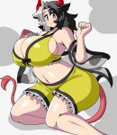  5_fingers akasode_(tyaramu) animal_humanoid big_breasts biped black_hair blush bottomwear bovid bovid_humanoid bovine bovine_humanoid breasts cleavage clothed clothing crop_top curvy_figure female fingers fully_clothed glistening glistening_body glistening_skin grey_background grey_hair hair holding_object horn huge_breasts humanoid humanoid_hands jacket kneeling light_skin looking_at_viewer mammal mammal_humanoid midriff multicolored_hair navel red_eyes red_horn shirt shorts simple_background smile solo tail_tuft topwear touhou tuft two_tone_hair urumi_ushizaki video_games voluptuous wide_hips yellow_bottomwear yellow_clothing yellow_topwear 